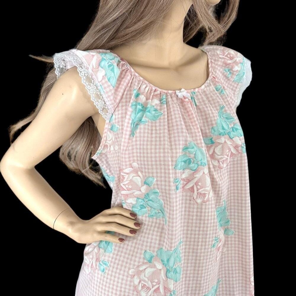 80s Pink Gingham Nightie L Rose Print Dollette Cottagecore Coquette Nightie Gaze - Picture 6 of 8